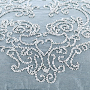 Beaded Boroque Damask 18"x18" Art Silk Light Blue Pillows Cover, French Wedding