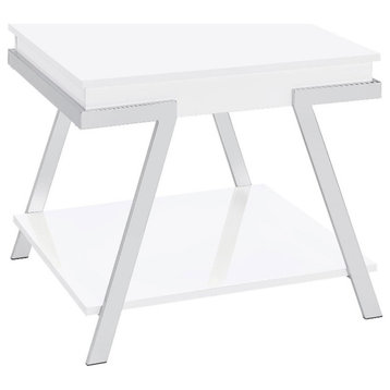 Pemberly Row Contemporary Wood End Table with Shelving White and Chrome