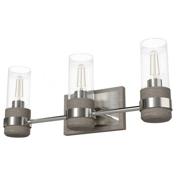 River Mill Brushed Nickel and Gray Wood, Clear Glass 3 Light Vanity Wall Light