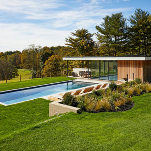 ニューヨークの長方形ミッドセンチュリースタイルのおしゃれなプールハウスの写真