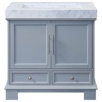 36 Inch Gray Bathroom Vanity, Carerra White Marble With Integrated Ramp Sink