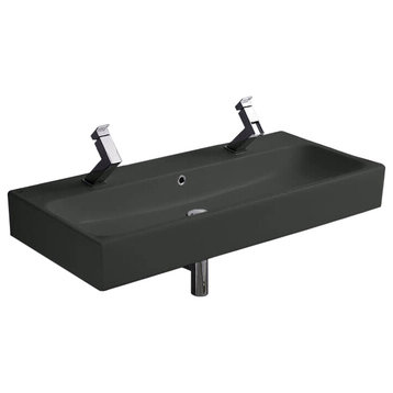 Trough Matte Black Ceramic Wall Mounted or Vessel Sink, Two Hole
