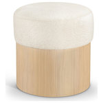Meridian Furniture - Nimes Upholstered Ottoman, Cream, Velour Fur, Natural Finish - Strikingly modern, the Nimes cream velour fur fabric upholstered ottoman combines plush comfort with sleek design. The top is wrapped in luxurious velour fur fabric, offering a soft and inviting texture, while the cylindrical rich natural wooden base provides a minimalist contrast. This versatile ottoman is perfect as extra seating, a footrest, or a stylish accent in any living space.
