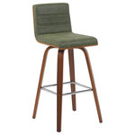 Armen Living - Vienna Swivel Bar Height Stool With Vintage Green and Walnut - Elevate your kitchen, bar, or dining area with the Vienna Swivel Stool Collection ' a modern essential that combines mid-century charm with functional comfort. Designed for daily use and entertaining alike, Vienna's 360-degree swivel and armless frame provide effortless movement and easy conversation flow. The gently curved backrest supports posture alignment while keeping the profile sleek and space-saving. The Vienna stool is built on a strong wood frame with four splayed legs and a square steel footrest for added durability and a clean, modern edge. The seat and backrest are generously padded with high-density foam and finished in your choice of smooth vegan leather or performance fabric for elevated comfort and easy maintenance. Originally offered in a walnut finish with cream, brown, or gray vegan leather, and a black brushed finish with gray vegan leather, the collection now features even more design-forward combinations. Explore updated variants including snow white vegan leather with walnut, black brushed, or patterned oak finishes; vintage-inspired blue, green, and black tones paired with walnut finish frames; and bold red or soft gray performance fabrics on brushed or patterned wood finishes. Available in both counter height and bar height, Vienna offers a versatile range of styles to suit your space. With its timeless look and enduring quality, this collection brings warmth, elegance, and comfort to any interior.