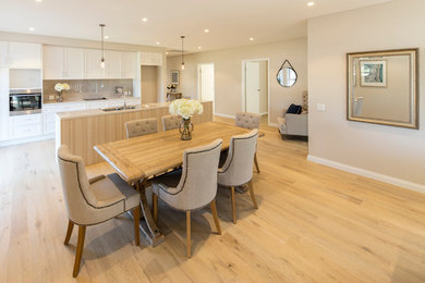 Large contemporary single-wall open plan kitchen in Sydney with a double-bowl sink, shaker cabinets, white cabinets, beige splashback, glass sheet splashback, stainless steel appliances, light hardwood floors and with island.