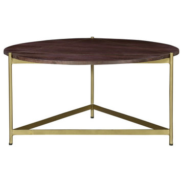 Ellis 32" Round Wood Coffee Table With Brass Metal Base, Brown, Matte Gold