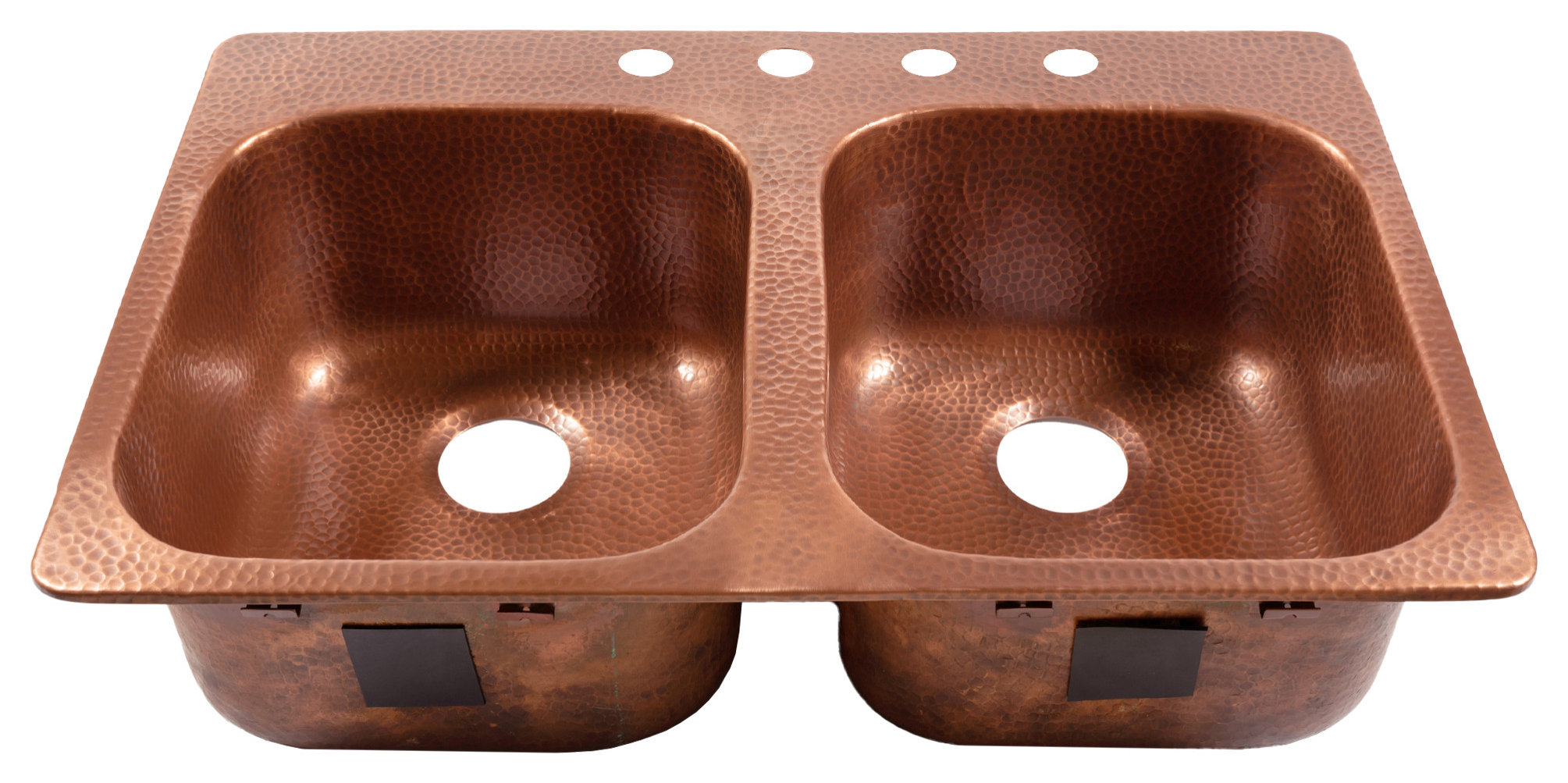 Santi 33" Drop-in Copper Double Bowl Kitchen Sink, 4-Hole Right Side