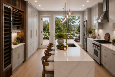 Large minimalist u-shaped medium tone wood floor enclosed kitchen photo in DC Metro with an undermount sink, shaker cabinets, gray cabinets, quartz countertops, gray backsplash, ceramic backsplash, stainless steel appliances, an island and gray countertops