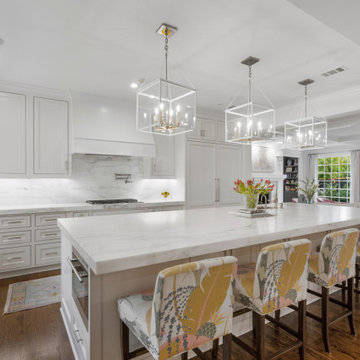 Elegant Modern French Country Kitchen with Marble Accents and Floral Charm