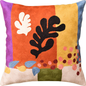 Matisse Coral Pillow Cover Cut-Outs III Flower Wool Hand Embroidered 18x18"