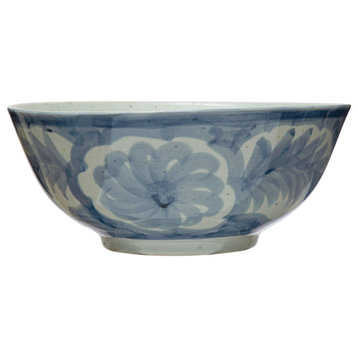 Hand Painted Stoneware Bowl with Floral Design, Blue and White