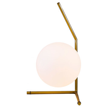 Milk White Glass Ball Table Lamp, Brass