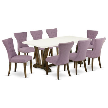 East West Furniture V-Style 9-piece Wood Dining Set in Jacobean Brown/Dahlia