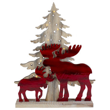 13.5" Red and Black Moose with LED Lighted Christmas Tree Decoration