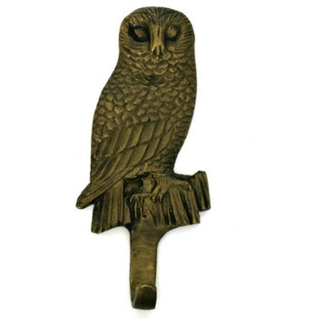 Owl Wall Hook in Antique Brass Finish, 6.6" Height