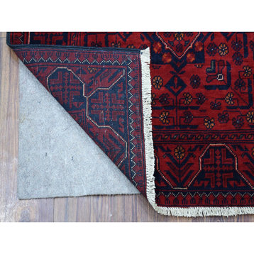 Afghan Khamyab Geometric Design Deep and Saturated Red Pure Wool Rug, 2'7"x6'5"