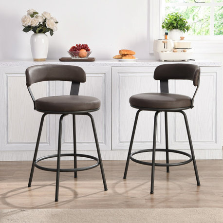 Industrial Metal and Leather Low Back, 2-Piece,and 4 Leg Bar Counter Stools, Brown, 24"