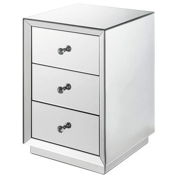Contemporary End Table, Elegant Mirrored Body With 3 Storage Drawers, Silver