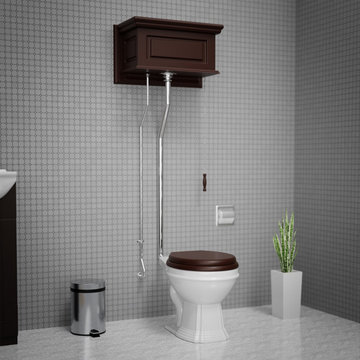 High Tank Toilet Raised Elongated L-Pipe Dark Oak Finish, Dark Oak