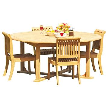 5-Piece Outdoor Patio Teak Dining Set, 72" Round Table, 4 Armless Chairs