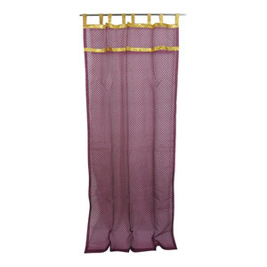 Mogul Interior - 2 Indian Curtain Sheer Purple Organza Golden Sari Border Window Treatment, 48x10 - Curtains