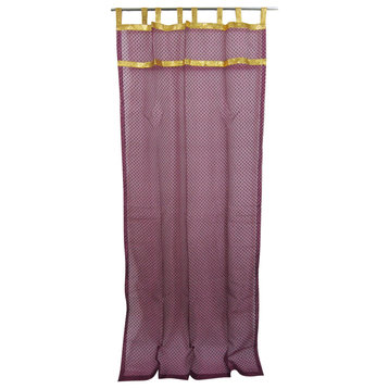 2 Indian Curtain Sheer Purple Organza Golden Sari Border Window Treatment, 48x10