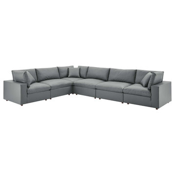 Commix Down Filled Overstuffed Vegan Leather 6-Piece Sectional Sofa, Gray