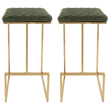 LeisureMod Quincy Leather Bar Stools With Gold Metal Frame Set of 2 Olive Green