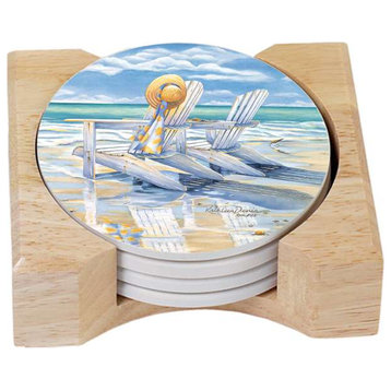 Coastal "Beach Days" Accessory Stone Coasters, Wood Holder  Set of 4