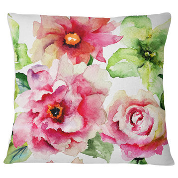 Roses and Gerber Flowers Watercolor Floral Throw Pillow, 16"x16"