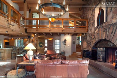 Large mountain style formal and enclosed ceramic tile and beige floor living room photo in Phoenix with a ribbon fireplace, a tile fireplace and no tv