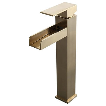 Contemporary Single Handle Waterfall Spout Bathroom Vessel Sink Faucet, Brushed Gold