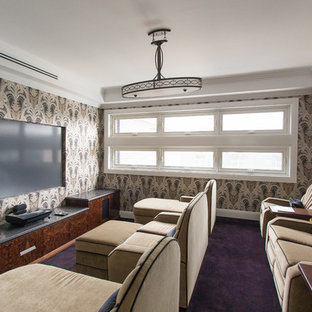 This is an example of a traditional enclosed home cinema in Other with multi-coloured walls, carpet and purple floors.