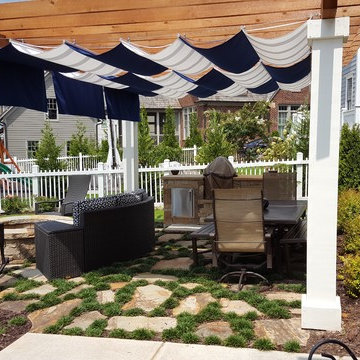 3 rows of 5'X16' Infinity Canopy featuring White and Marine Blue Sunbrella