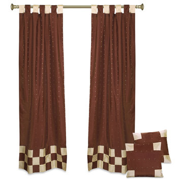 4 Pc Set Indian Sari Curtains & Cushion Covers - Boho Tab Top  - Brown 96"
