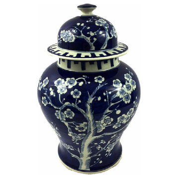 Vintage Style Blue and White Cherry Blossom Temple Jar 14"