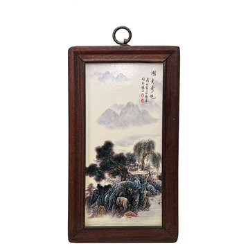 Chinese Wood Frame Porcelain Mountain Tree Scenery Wall Plaque Panel Hws3359