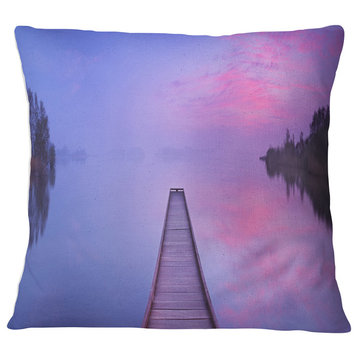 Jetty in a Dawn Lake Wooden Sea Bridge Throw Pillow, 18"x18"