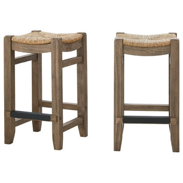 Newport Set of Two 26"H Brown Wood Counter Height Stools with Rush Seats
