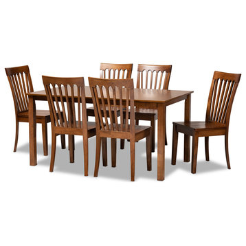 Modern Dining Set, Rectangular Table & 6 Chairs With Slatted Back, Walnut Brown