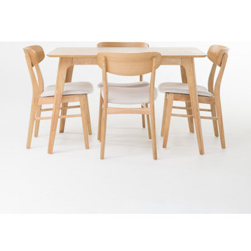 Dining Set, Rectangular Table & Chairs With Curved Back, Natural Oak/Light Beige