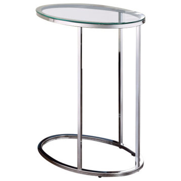 Benzara BM160142 Stylish Oval Shaped Metal Snack Table with Glass Top, Silver