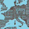 1-World Text Map Wall Mural, Brown on Blue, Wallpaper, 3 panel, 107x57"