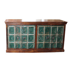 Mogul Interior - Consigned Green INDIAN Solid Wood Sideboard Antique Old Door Console Farmhouse - Buffets and Sideboards