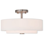 Livex Lighting - Ceiling Mount With Handcrafted Off-White Fabric Hardback Shade, Brushed Nickel - The sleek style and simple design of this semi flush mount makes it easy to use in any space. The double hand crafted off white fabric hardback fabric drum shade and satin white hardened acrylic diffuser blend for a clean look.