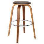 Dwellist - Prescott 30" Mid-Century Swivelless Barstool, Brown Faux Leather With Walnut - The Prescott mid-century barstool is an ideal fit for any contemporary household. This beautiful backless barstool sports a sturdy walnut wood frame beautifully accented by a 360 degree swivel faux leather upholstered seat. Though an excellent fit for the kitchen or bar, the Prescott's novel yet practical style makes it great for enhancing the aesthetics of just about any room of the house. The Prescott is available in 26 inch counter and 30 inch bar height and comes in your choice of brown or cream faux leather.