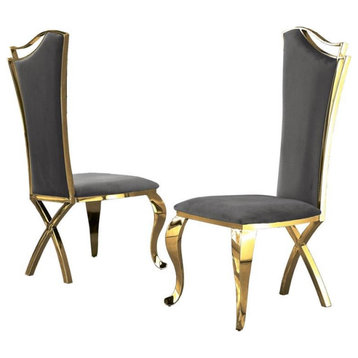 Elegant Side Chairs in Dark Gray Velvet and Gold Stainless Steel (Set of 2)