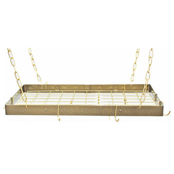 Hanging Rectangle Pot Rack With Grid, Hammered Bronze and Brass