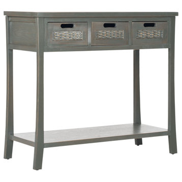 Rustic Console Table, 3 Drawers With Wicker Front & Cut Out Pulls, French Gray