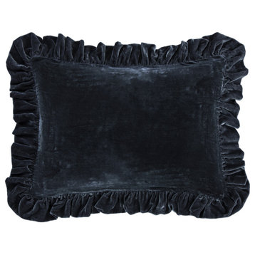 Stella Faux Silk Velvet Ruffled Dutch Euro Pillow, 27"x39", 1 Piece, Midnight Blue